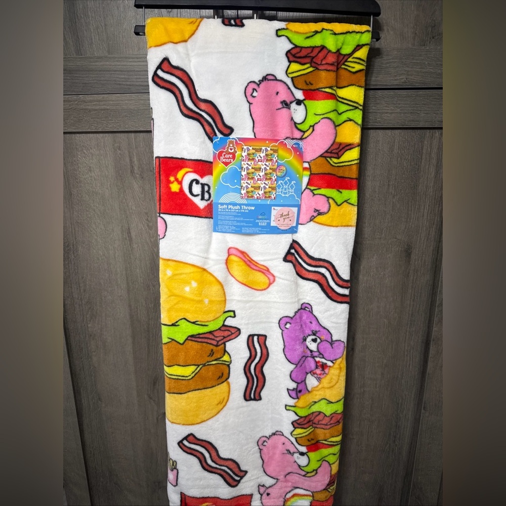 New Care Bears 50" x 70" Care Bear Hamburger & Hotdog Throw Blanket On Hanger